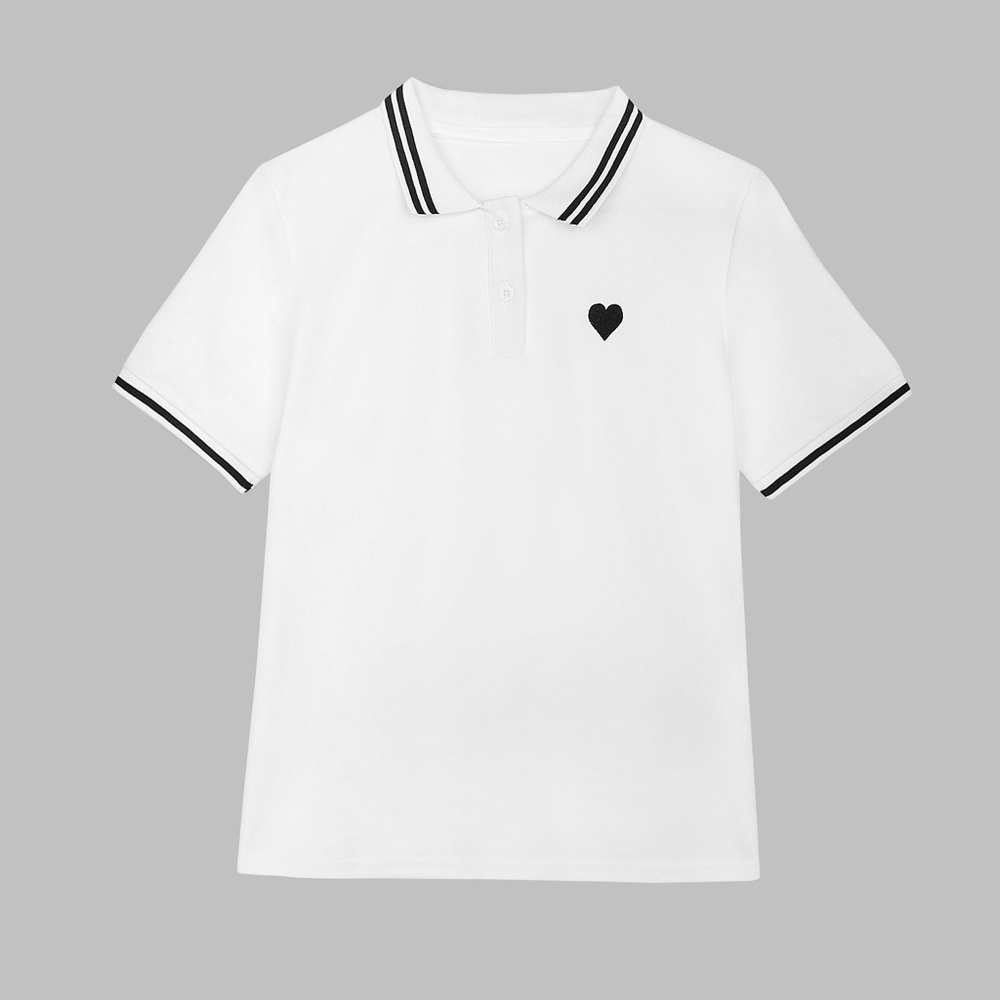 White Contrast Trim Embroidery Polo T-shirt